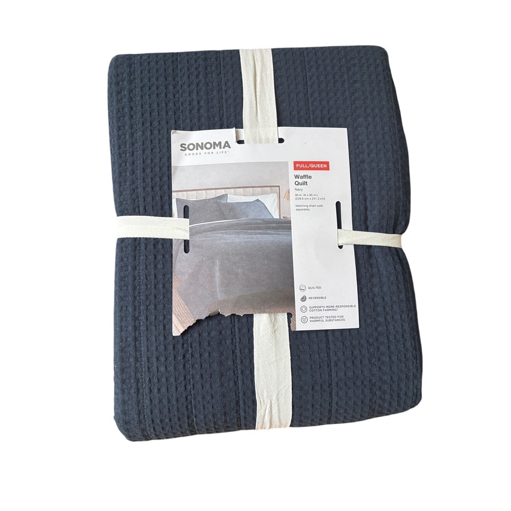 Sonoma Goods SZ Full/Queen Navy Blue Waffle Quilt Blanket Reversible GIFT NEW